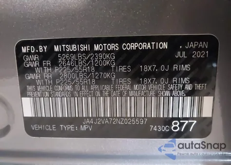 2022 Mitsubishi Outlander Phev Gt S-Awc/Le S-Awc/Sel S-Awc z USA, uszkodzony, nr VIN JA4J2VA72NZ025597